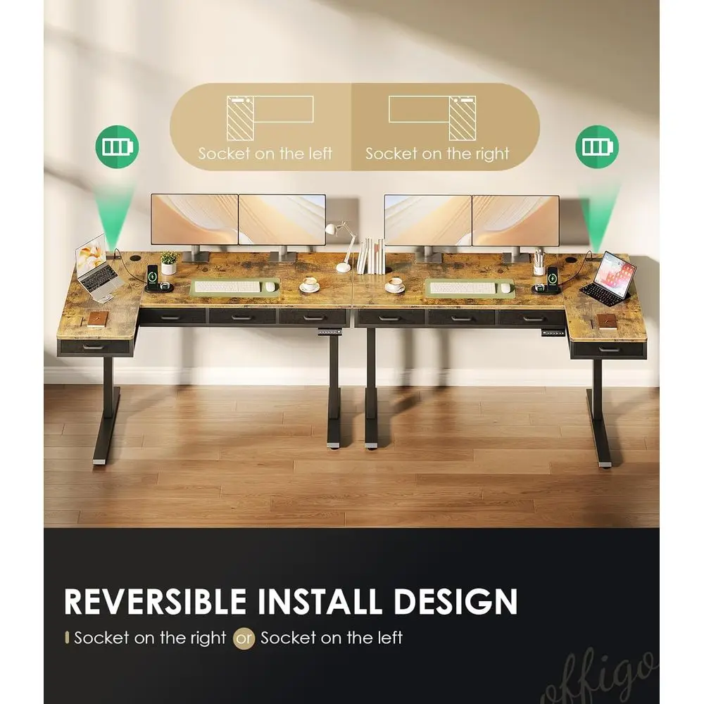 63 مكتب كهربائي كبير على شكل حرف L مع أدراج، ارتفاع قابل للتعديل، مخرج طاقة، بني ريفي للاستخدام المنزلي/المكتب #6