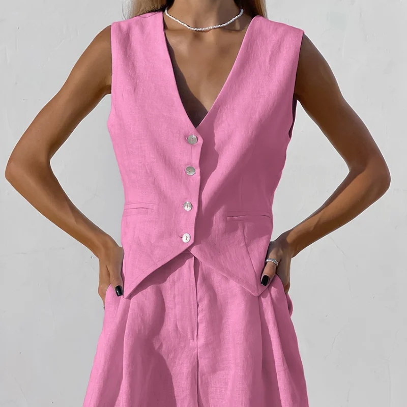 Conjunto de dos piezas de algodón para mujer, Top sin mangas y pantalones cortos con una hilera de botones, 2023