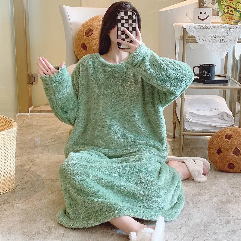 

Winter Women's Nightgown Plus Size Plush Jacquard Pajamas Sleepwear Solid Color Homewear Hood Bathrobe Robe Keep Warm Nightwear