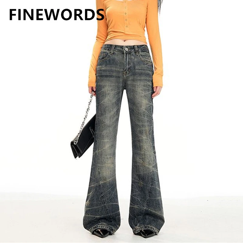 FINEWORDS Vintage Korean Easymatch Washed Flared Jeans Casual Push Up Jeans Streetwear High Waist Skinny Bell Bottom Jeans
