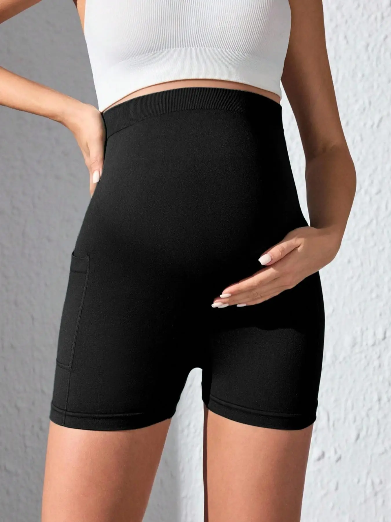 Umstands-Yoga-Shorts für Damen über dem Bauch, Schwangerschafts-Workout, sportliche Biker-Shorts mit Taschen – Detail 5