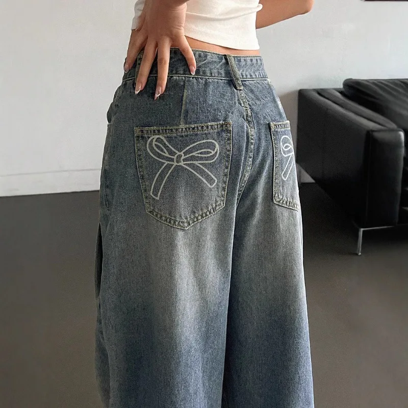 

Y2KPants Women's American Vintage High Waisted Wide Leg Jeans with Bow Embroidery on Back Pockets Casual Denim Pants for Summer