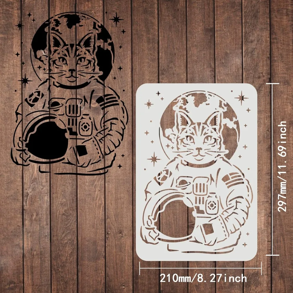 Cat Astronaut Stencils 11.7x8.3 inch Plastic Outer Space Theme Drawing Painting Stencils Cat Earth Star Wall Stencils Reusable