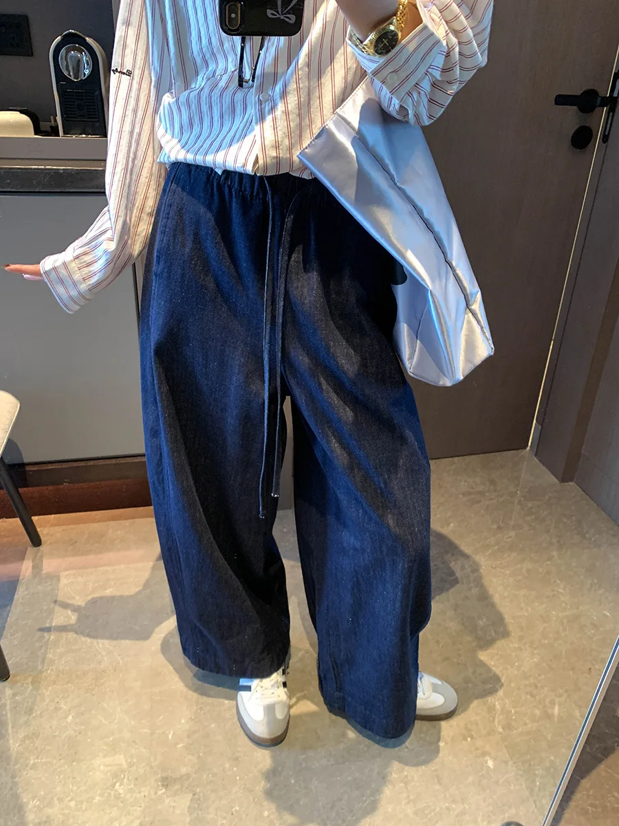 

Early spring new cut drawstring elastic waist wide leg loose jeans