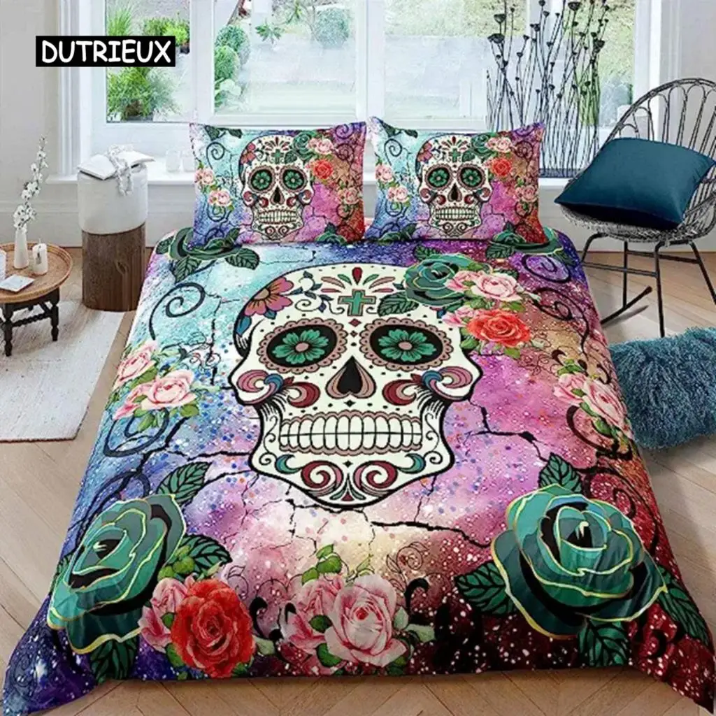 

Sugar Skull Duvet Cover Teen Girl Bedding Set Sugar Skull Decor Bedding Skull Skeleton Roses Floral Print Duvet Cover Decorative