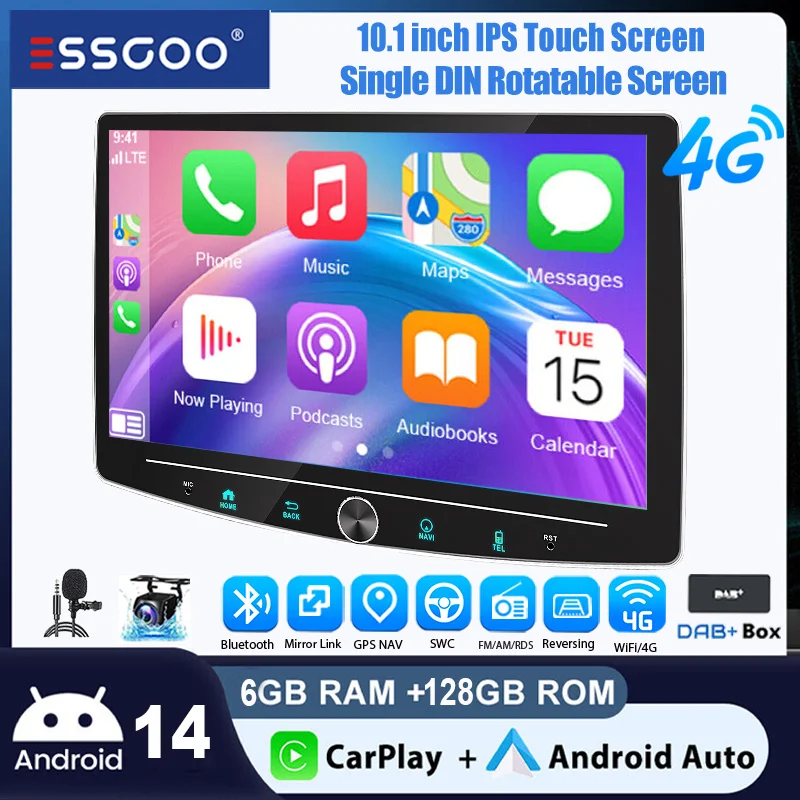 Autoradio ESSGOO Android14 10.1 6+128 GB 1 DIN Schermo Rotante Singola Manopola Navigazione GPS 4G LTE WiFi Bluetooth AM/FM Microfono CarPlay Wireless RDS Android Auto Mirror Link Controlli al