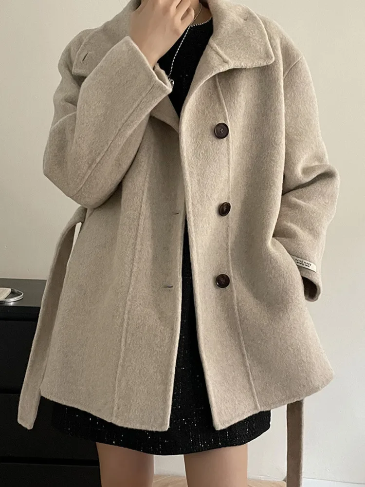 MooQ-Manteau en laine à simple boutonnage pour femme, manteau en cachemire double face, à lacets, tempérament coréen, élégant, hiver, nouveau, 2024, 16O3281