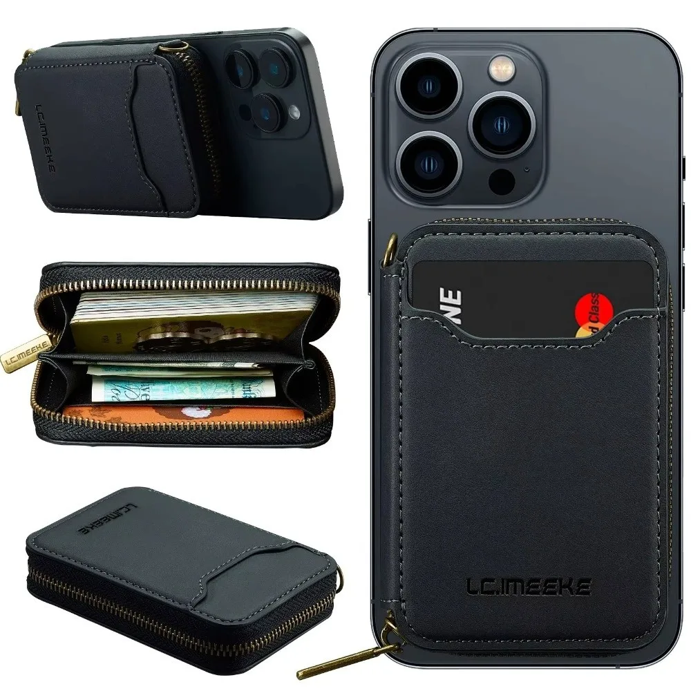 PU Leather Magnetic Phone Bag Zipper Closure Anti-fraud Phone Wallet Universal Card Slot Phone Card Holder Wallet For iPhone 17