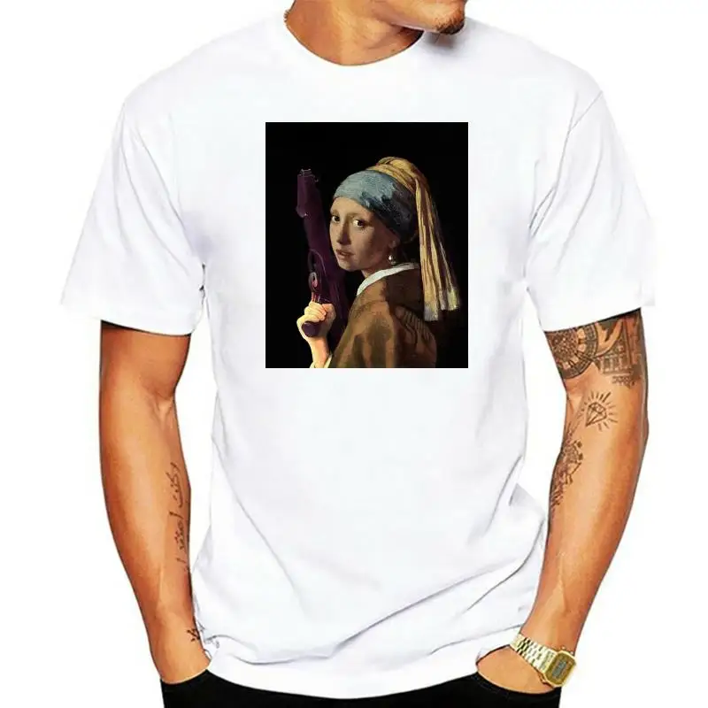 Girl With A Pearl Earring Holding A Ray Gun Johannes Vermeer T-Shirts Men Art Cotton Tees Short Sleeve T Shirts New Arrival Tops