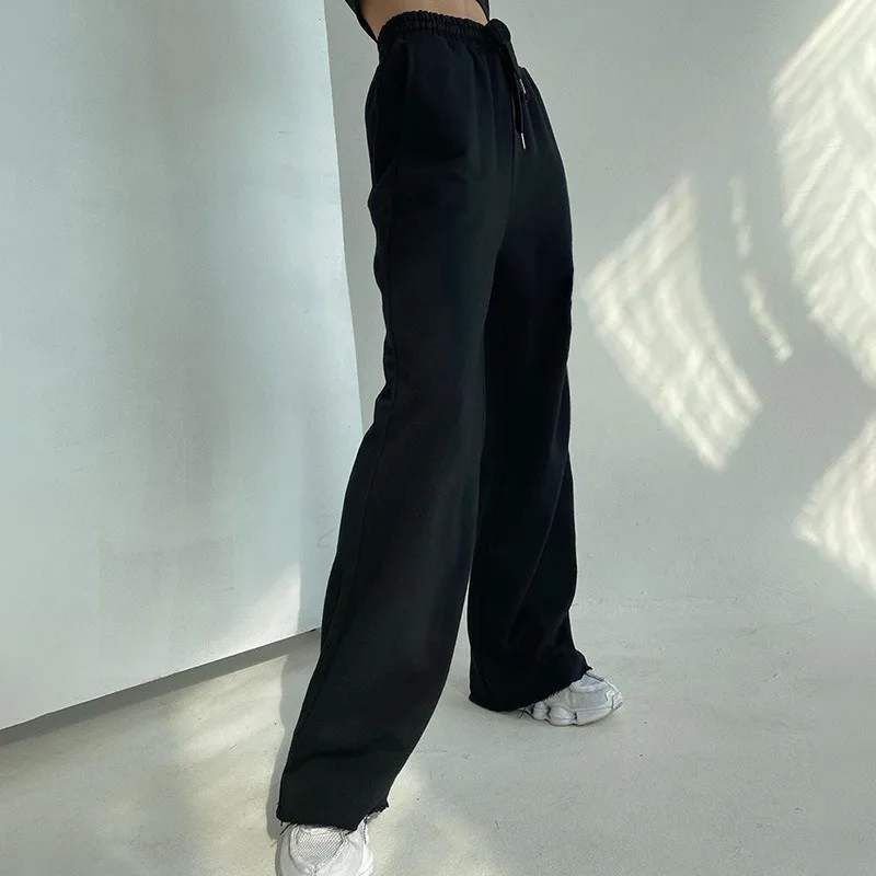 Calça feminina casual folgada com renda, calça de algodão de perna larga, moda feminina de rua, primavera, verão, 2022