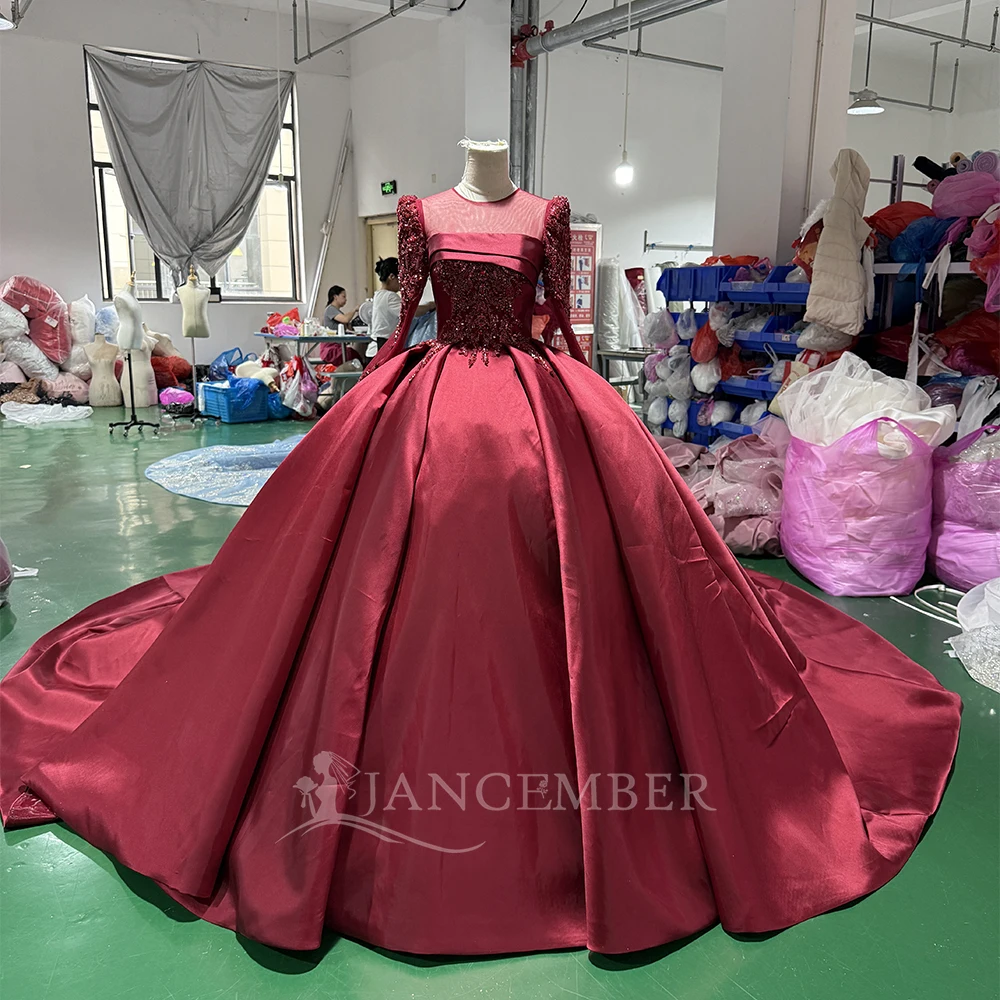 Customized Ball Gown Church Wedding Dresses Satin Sleeve Plus Size Long Bride Dresses Lace Up Bridal Gown Vestidos De Novia