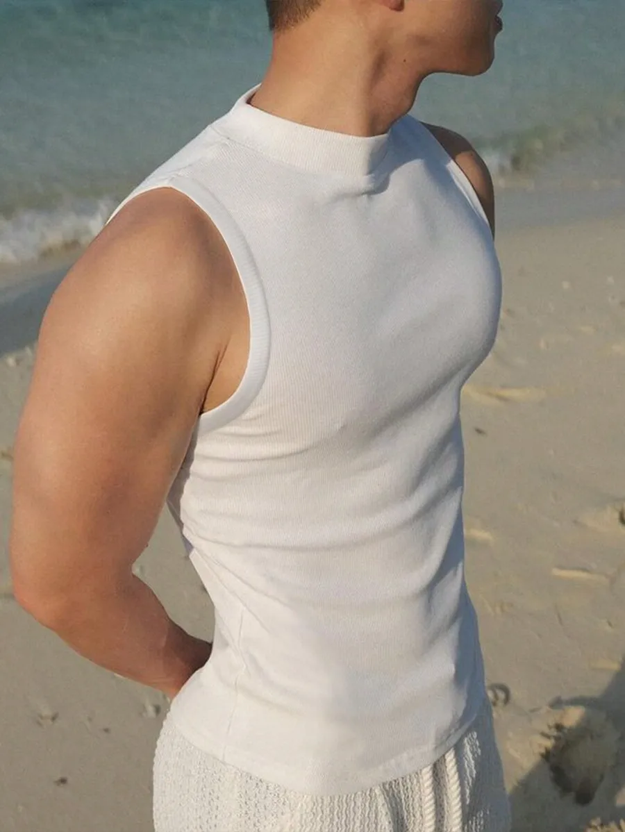 

Men's Solid White Ribbed Knit Sleeveless Stand Collar Tank Top for Summer Casual Wear