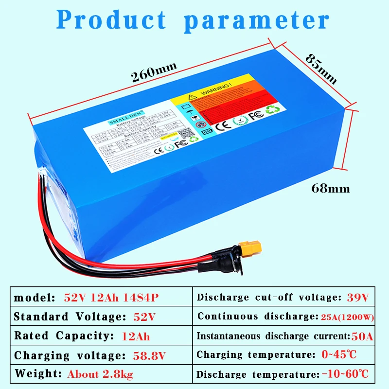 New 52V 12Ah 18650 electric bicycle lithium battery pack 14S4P 1000W high-power with BMS