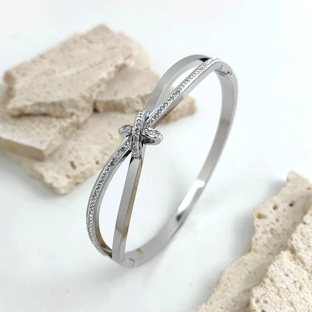 New bow zircon stainless steel gold plated 18K bracelet, high quality waterproof silver jewelry, gift for wife