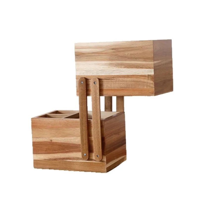 Wooden grid storage box Household double shelf Kitchen seasoning rack Rotatable tea bag coffee bag storage rack