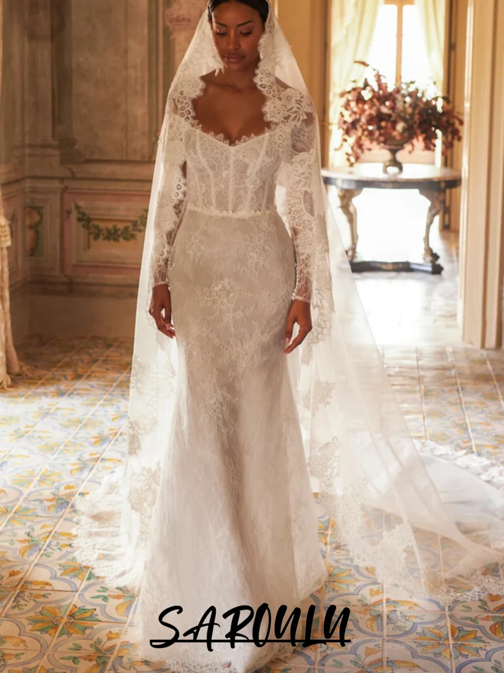 

Women Fully Lace Corset Wedding Dress Charming Marmaid Romantic Zipper Back Floor-length Customized Bride Gown No Veil