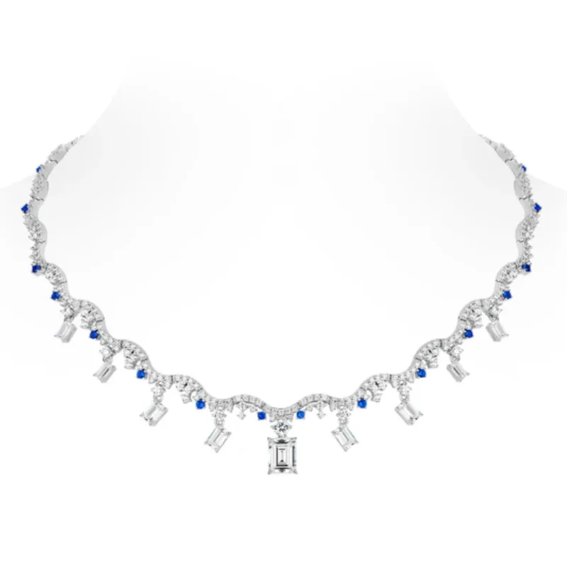 

BELLUX 925 Silver Necklace Synthetic Zircon Blue Square White Gemstone Luxury Wave Design Elegant Statement Jewelry Necklace