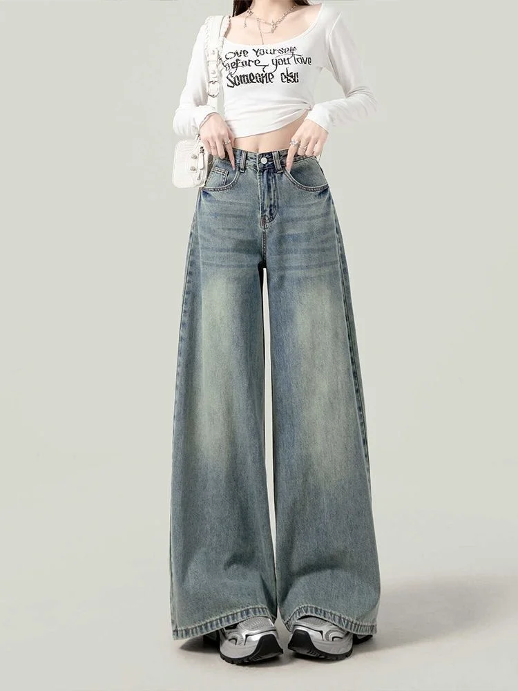 حجم كبير الجينز الأمريكي الرجعية المرأة سليم مستقيم فضفاض بنطال ذو قصة أرجل واسعة عالية الخصر لباس غير رسمي الخريف جديد Sle
