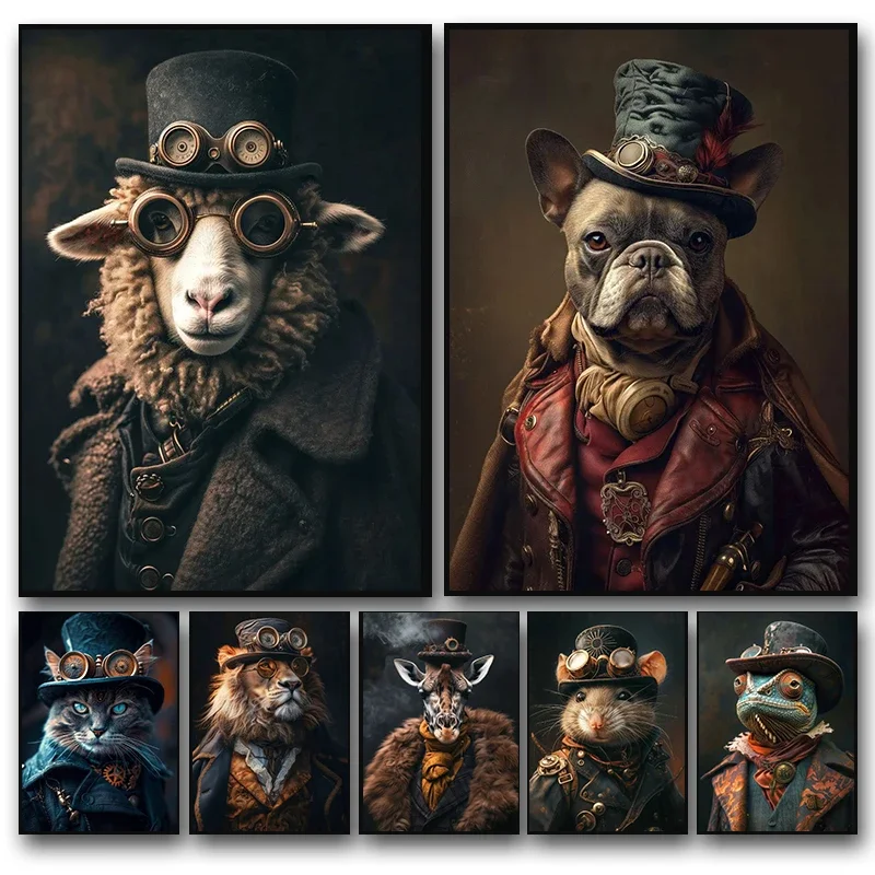 Vintage Steampunk Animals Portrait Print Posters Pictures Retro Animal Wall Art Canvas Painting Mural for Living Room Home De