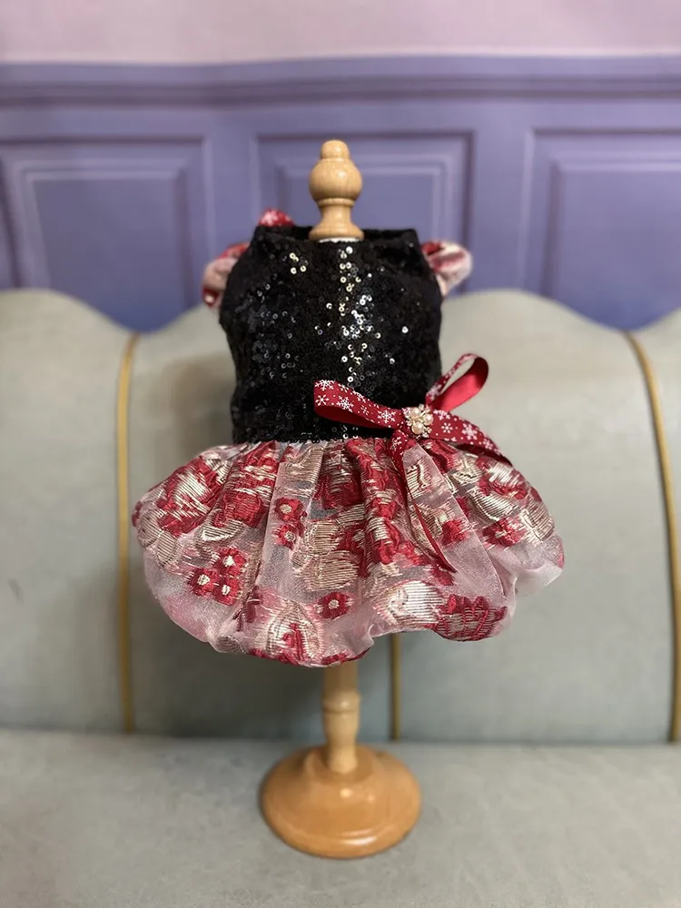 

Handmade Dog Clothes Pet Supplies Black Sequin Top Princess Dress One Piece Embroidery Rose Lace Skirt Cocktail Party Holiday