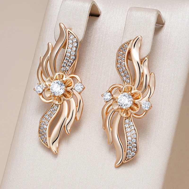 Kinel Luxus 585er Roségold Farbe Tropfen Ohrringe für Frauen Einzigartige Hohle Kristall Blume Natürlichen Zirkon Zubehör Brautschmuck