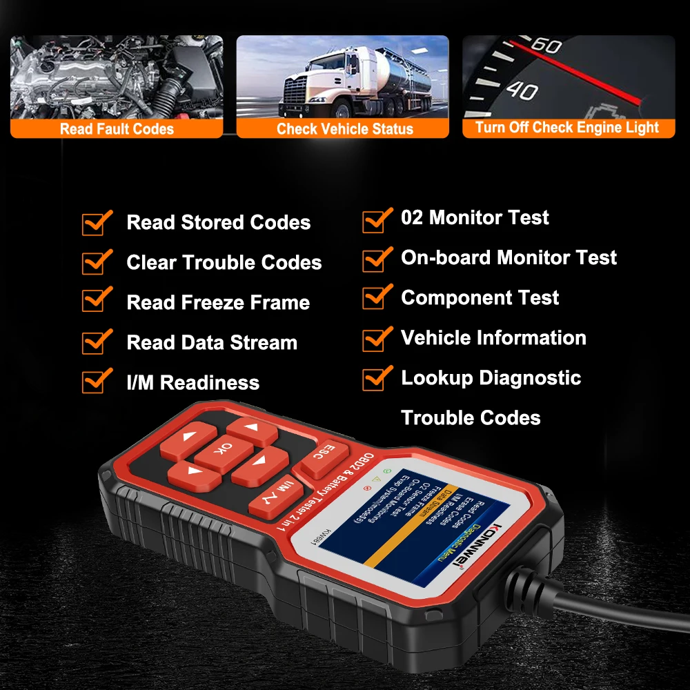 KONNWEI KW681 Car OBD2 Scanner Battery Tester 2in1 6V 12V Clear Trouble Codes Read Data Stream Freeze Frame Car Diagnostic Tools