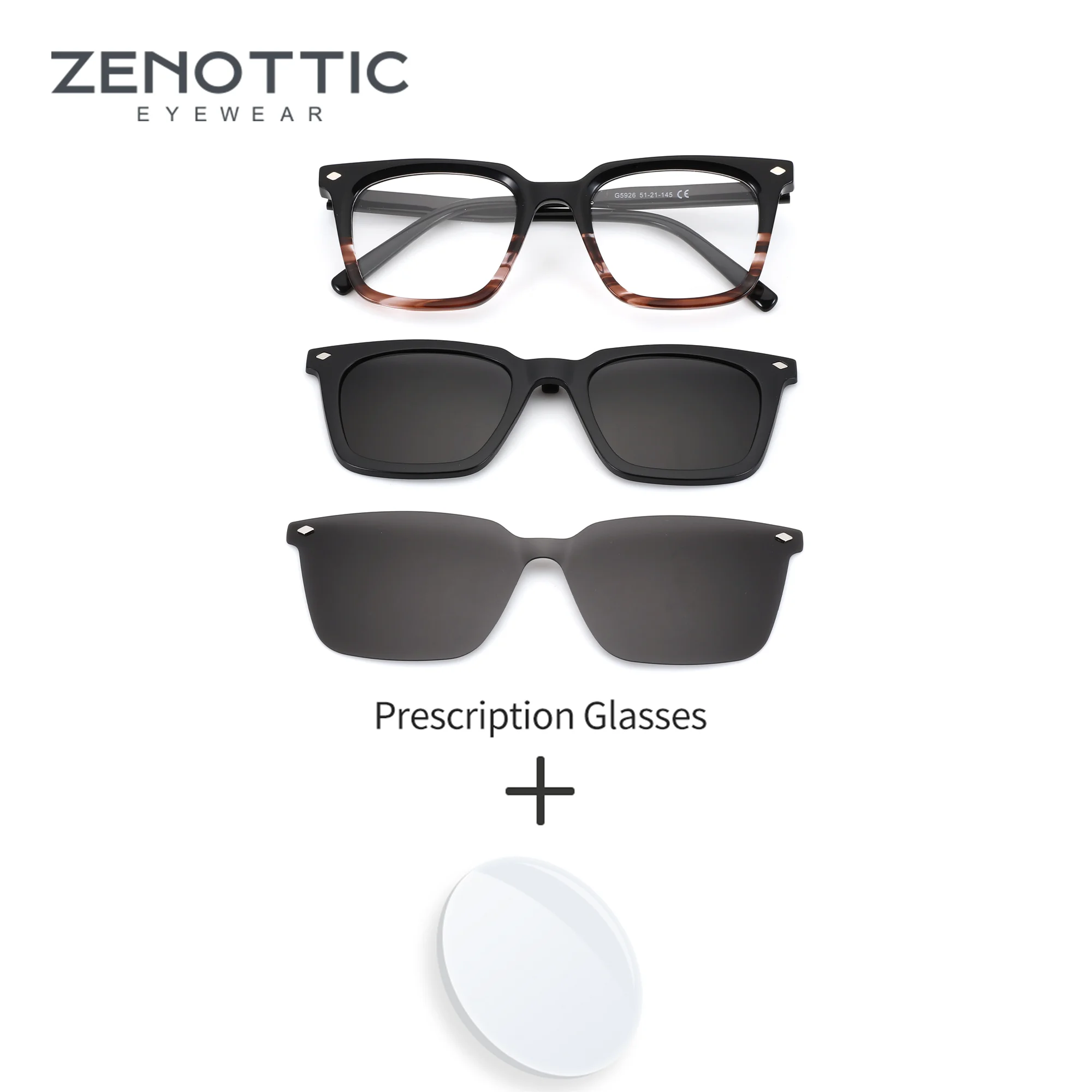 

ZENOTTIC L Size Handmade Acetate Prescription Glasses Men Square Frame Easy Snap Magnetic Clip On Progressive Lenses