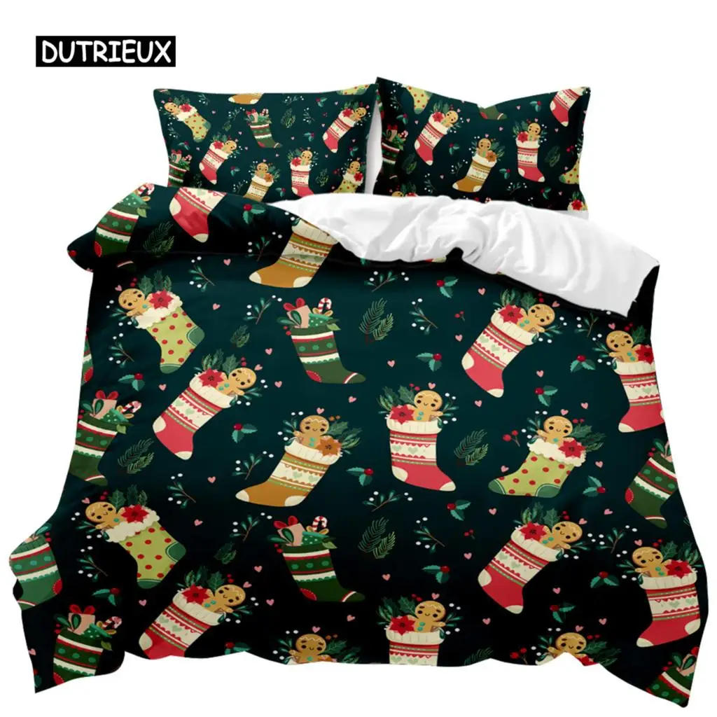 Christmas Duvet Cover Merry Christmas Tree Stockings Green Background Twin Bedding Set Double Queen King Polyester Qulit Cover