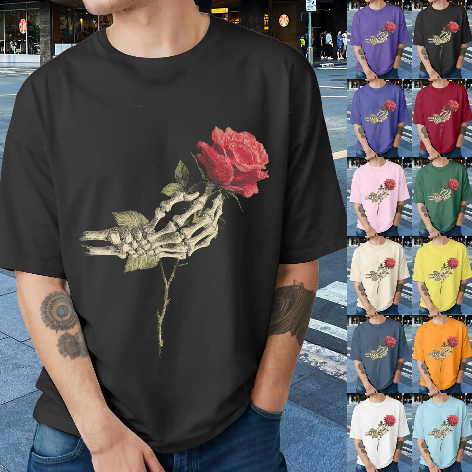 تي شيرت رجالي هالوين الهيكل العظمي اليد الوردي كم قصير قطرة الكتف الجولة الرقبة تي شيرت حجم كبير بلايز حمالة #2