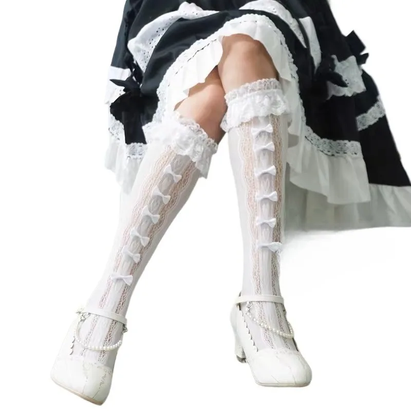 1 زوج من القوس على شكل منتصف طول جوارب JK الفتيات الدانتيل جوارب الدانتيل لوليتا الأميرة كوا طويلة طول مقوس دانتيل على شكل جوارب