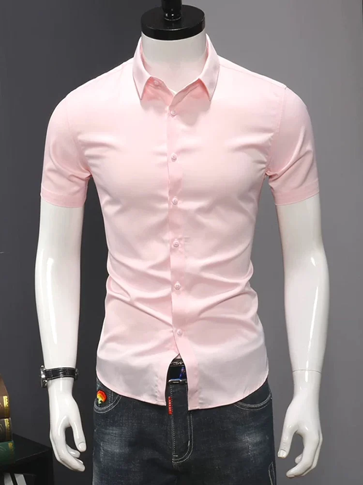 

Smooth Ice Silk Modal Slim Fit Short Sleeve Open Cardigan Style Men's Pink Shirt Fashionable Workwear Summer Youth Trend