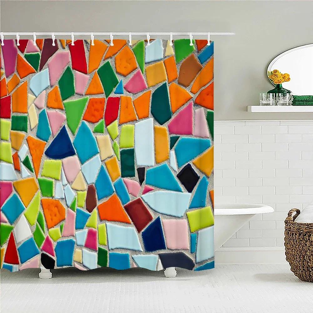 Simple Colorful Geometric Pattern Fabric Shower Curtain Bathroom Curtains Round Mosaic Waterproof Bath Screen With 12 Hooks