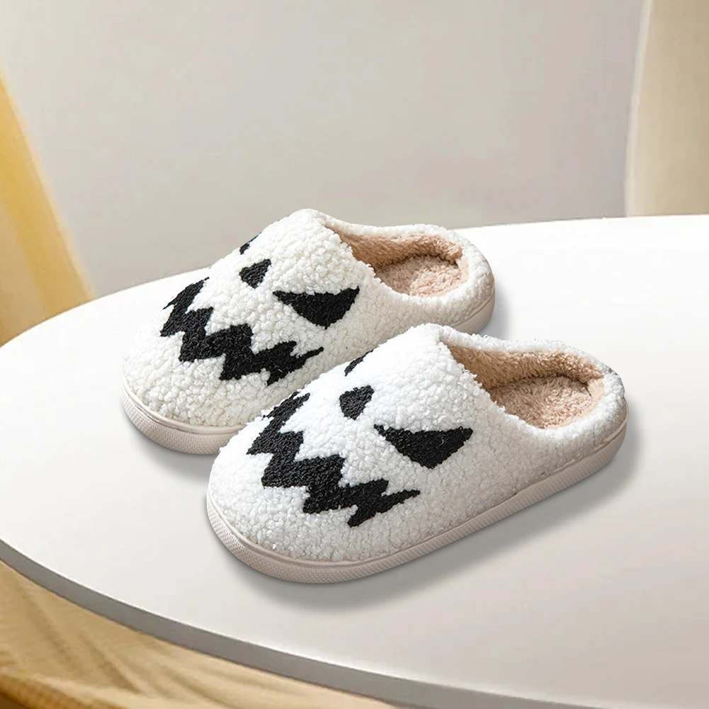 Halloween Ghost Face Slippers Warm Slip-on House Shoes Comfortable Flat Thermal Slippers Fluffy Home Slippers for Indoor Bedroom