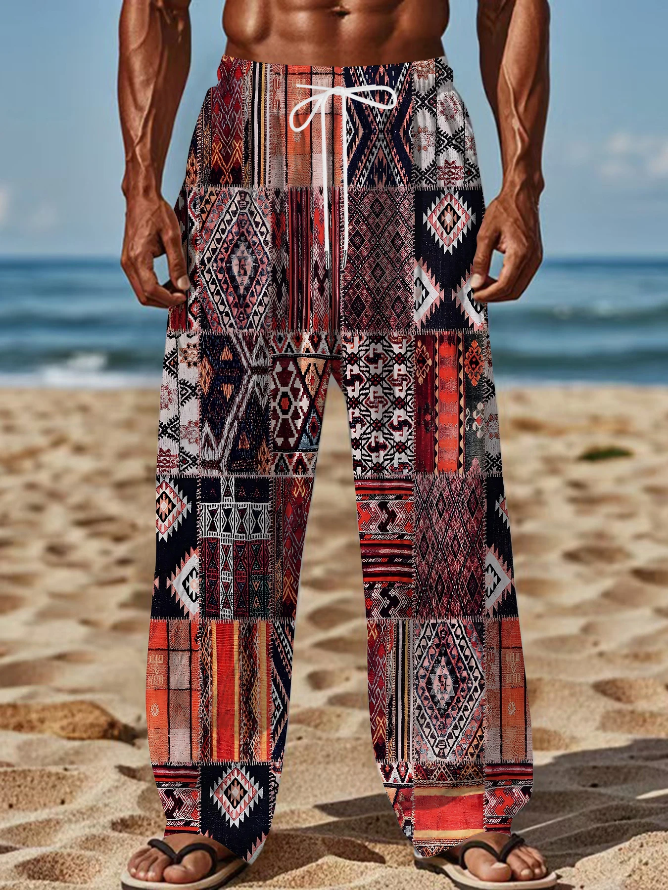 

2026 Men's Printed Straight Leg Pants Abstract Art Red Black Pattern Drawstring Waist Loose Fit Casual Summer Beach Fashion