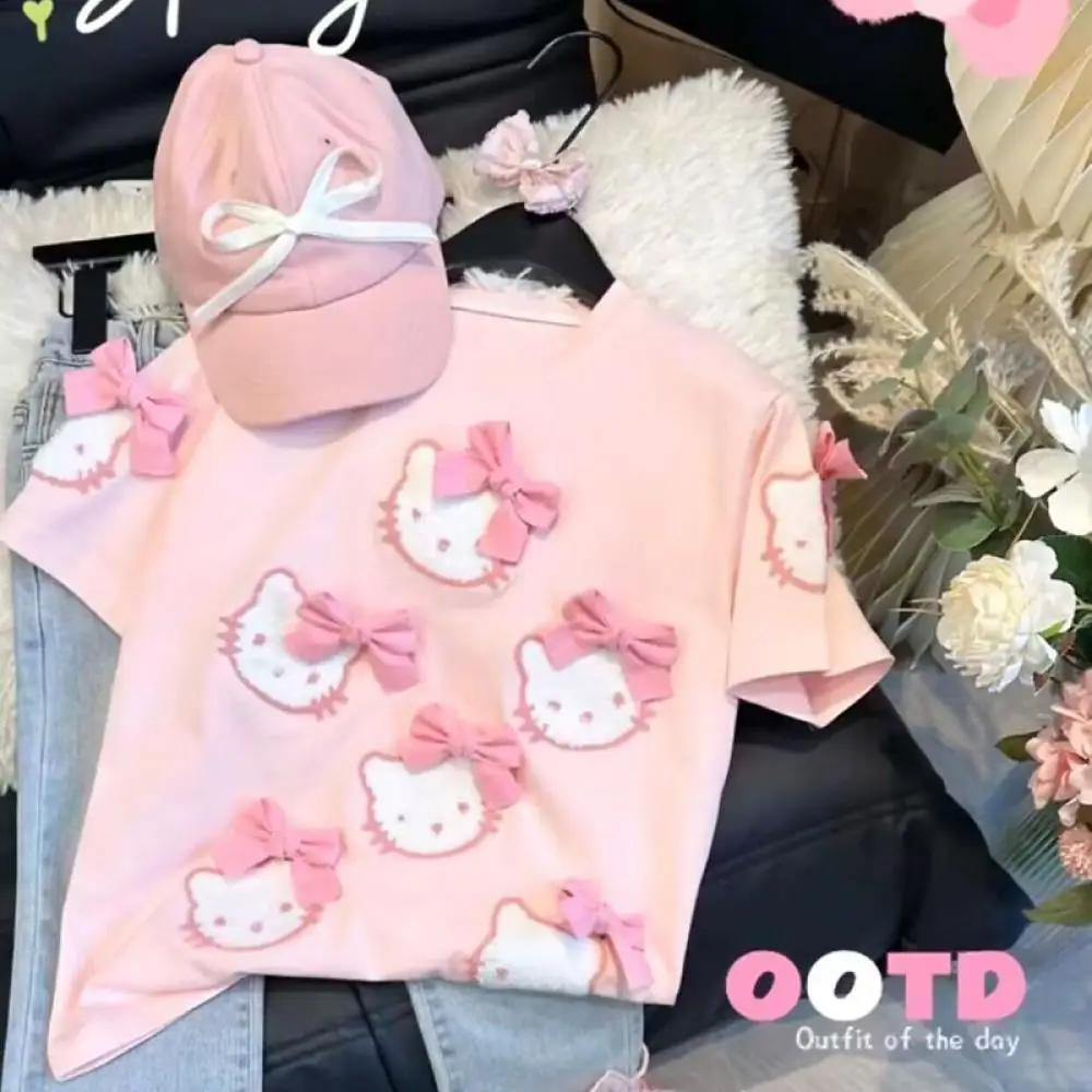 Sanrio Hello Kitty ricamo t-shirt sottile 3-16 anni cotone ragazza Kawaii estate Anime figura studente dolce nuova moda carina