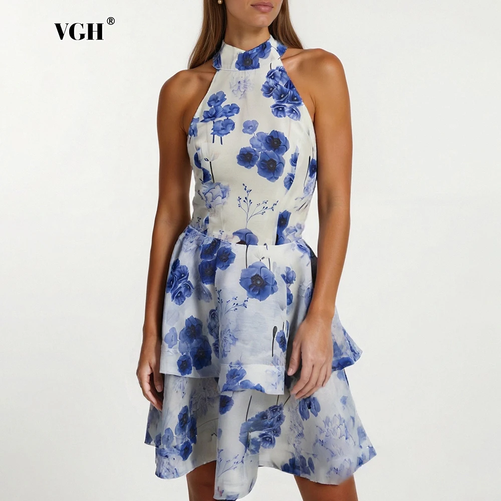 

VGH Hotsweet Club Printing Mini Dress for Women Halter Sleeveless High Waist Spliced Ruffles Temperament Cake Dresses Female New