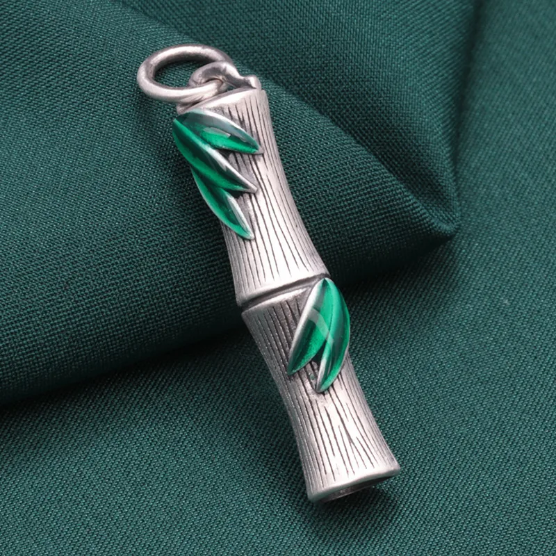 

Ethnic 990 Silver Bamboo Branch Leaf Whistle Pendant Jewelry Retro Pure Silver Long Pendant for Men and Women DZ022