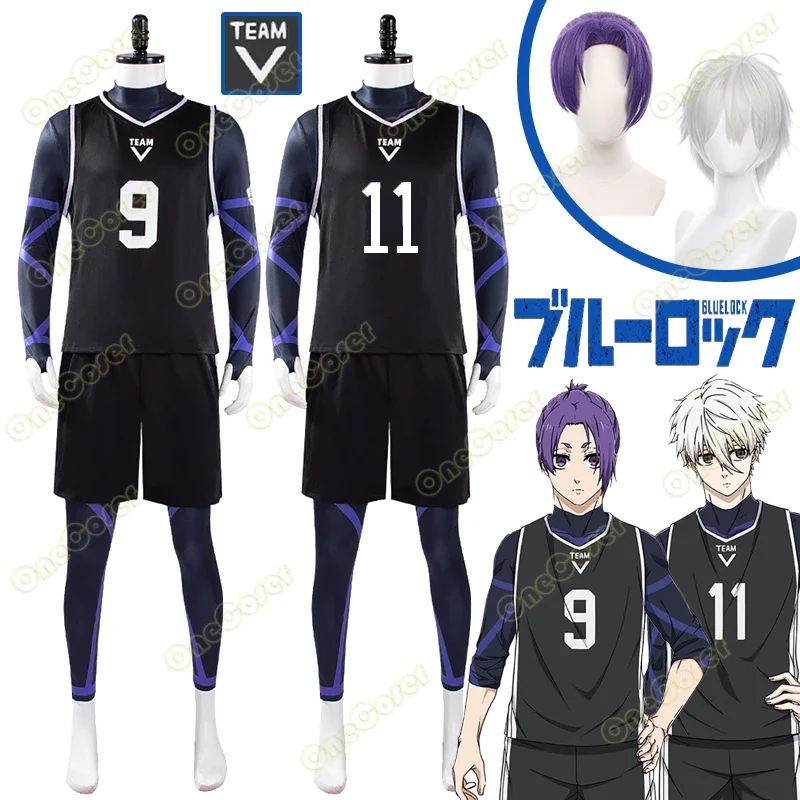 Blue Lock Team V Seishiro Nagi Reo Mikage Cosplay Costume Wig Black Uniform Jumpsuit Vest Shorts Football Club Sportswear Jersey