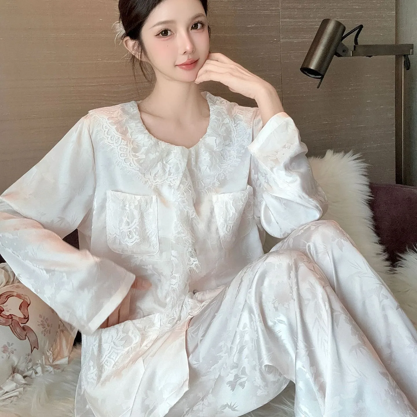 Conjuntos de pijamas de cetim jacquard para mulheres sexy gelo seda renda lapela pijamas manga longa feminino pijamas de seda gelo roupas para casa