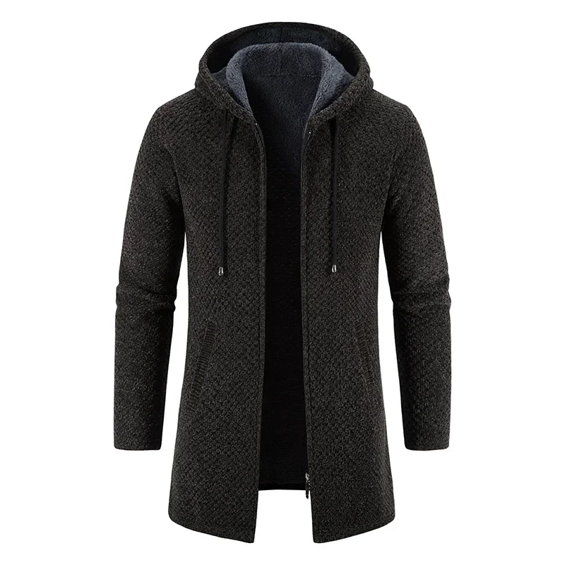 

Men's Winter Trench Coat Long Knit Sweater Jacket Fleece Warm Hoodies Beige Business Casual Cardigan Zipper Jumper Overcoat