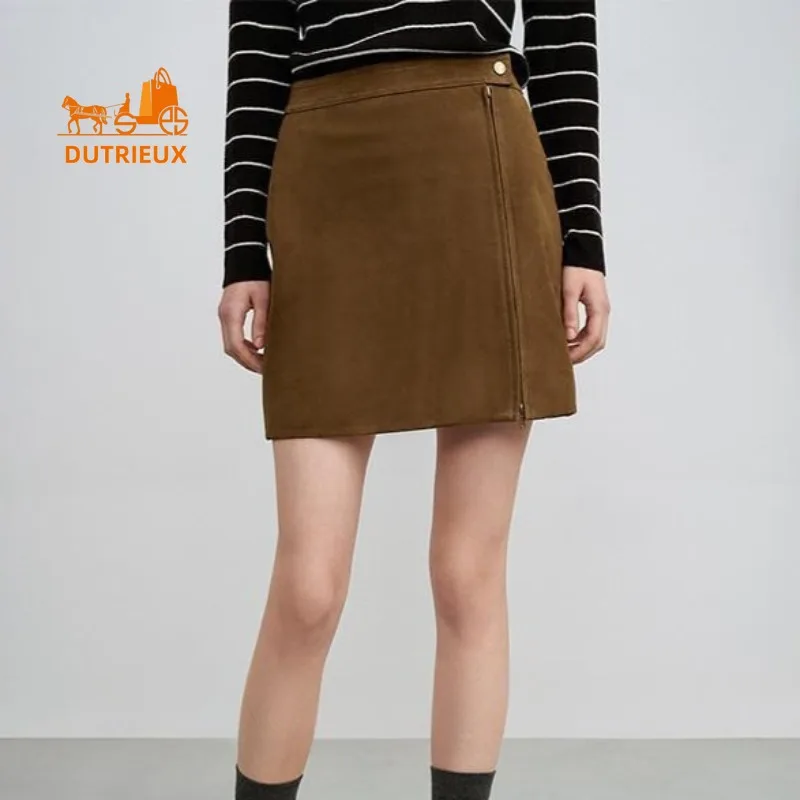 2025 New Autumn Women's Suede Skirt Retro Straight A-line Short Hip Skirt, 100% Genuine Sheepskin Plain Light and Elegant Skirt