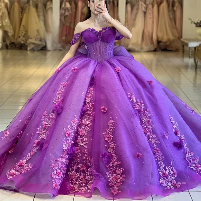 

Роскошное фиолетовое блестящее бальное платье, платья для Quinceanera, кружевное платье с аппликацией и бисером, красивое платье 15 дюймов с открытыми плечами, платья на шнуровке