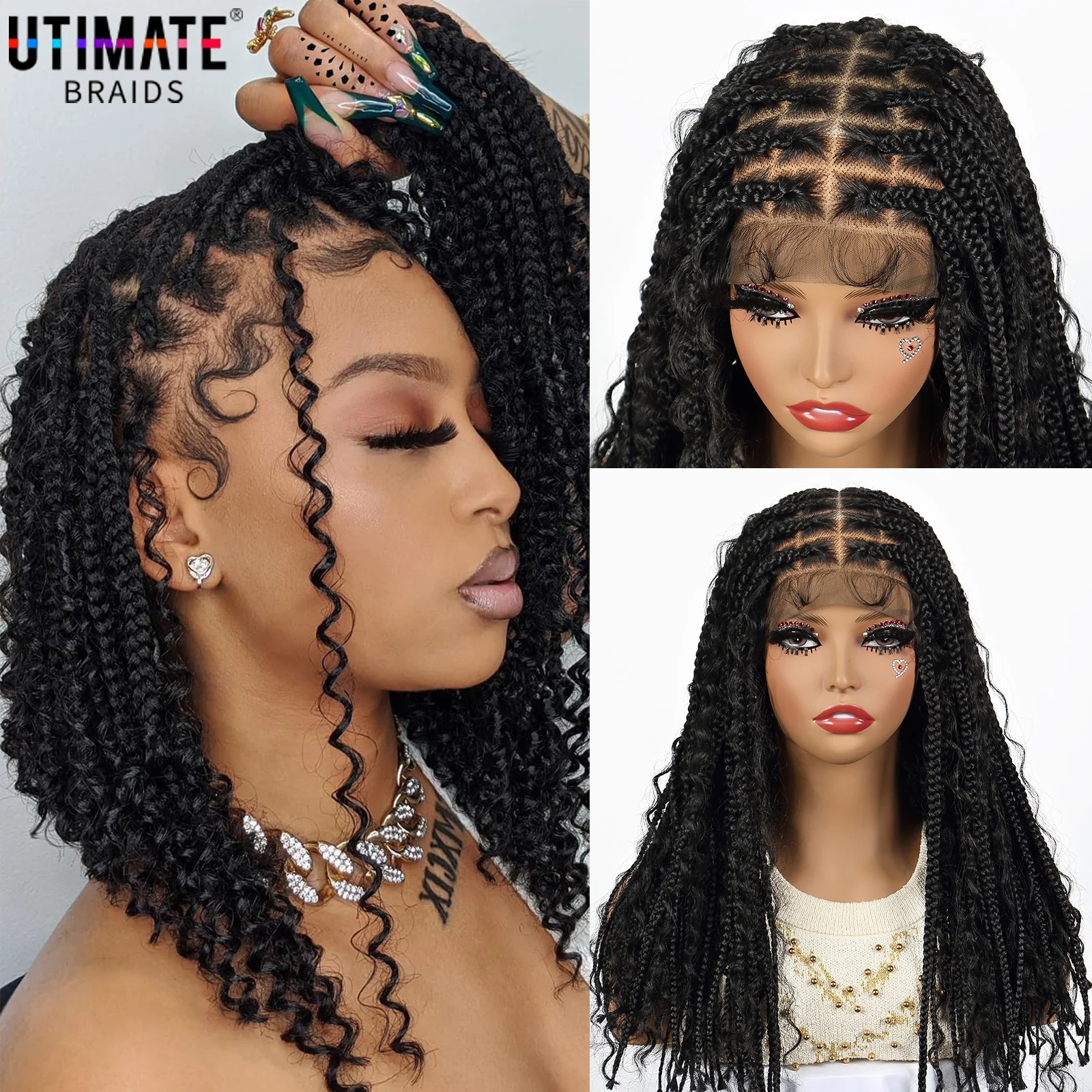 20 Inches Boho Braided Wigs Synthetic Full Lace Knotless Box Braided Wigs with Curly for Black Women African Braiding Wig