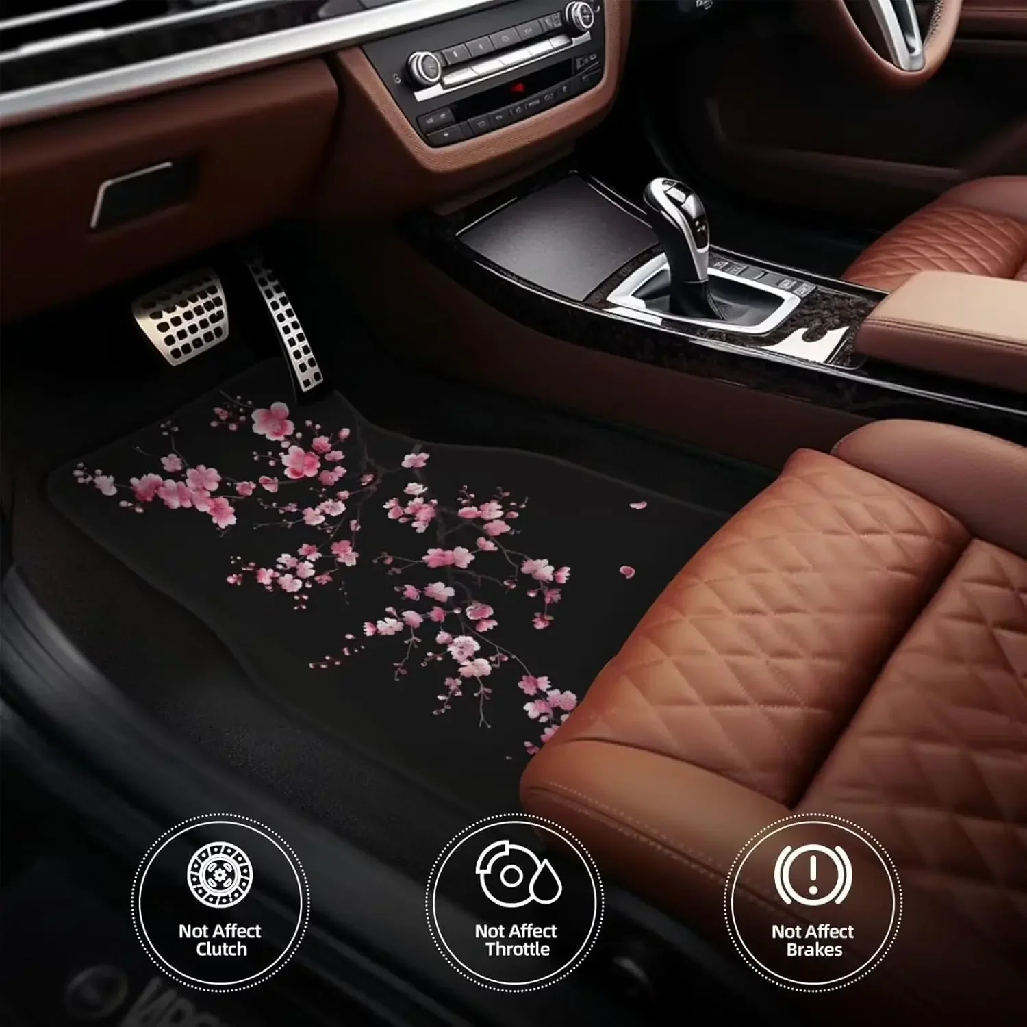 

4Pcs Car Floor Mats Carpets Pink Cherry Blossom Cars Floor Protector for Carpet Black Cute Floral Non-Slip Car Rear Floor Mats