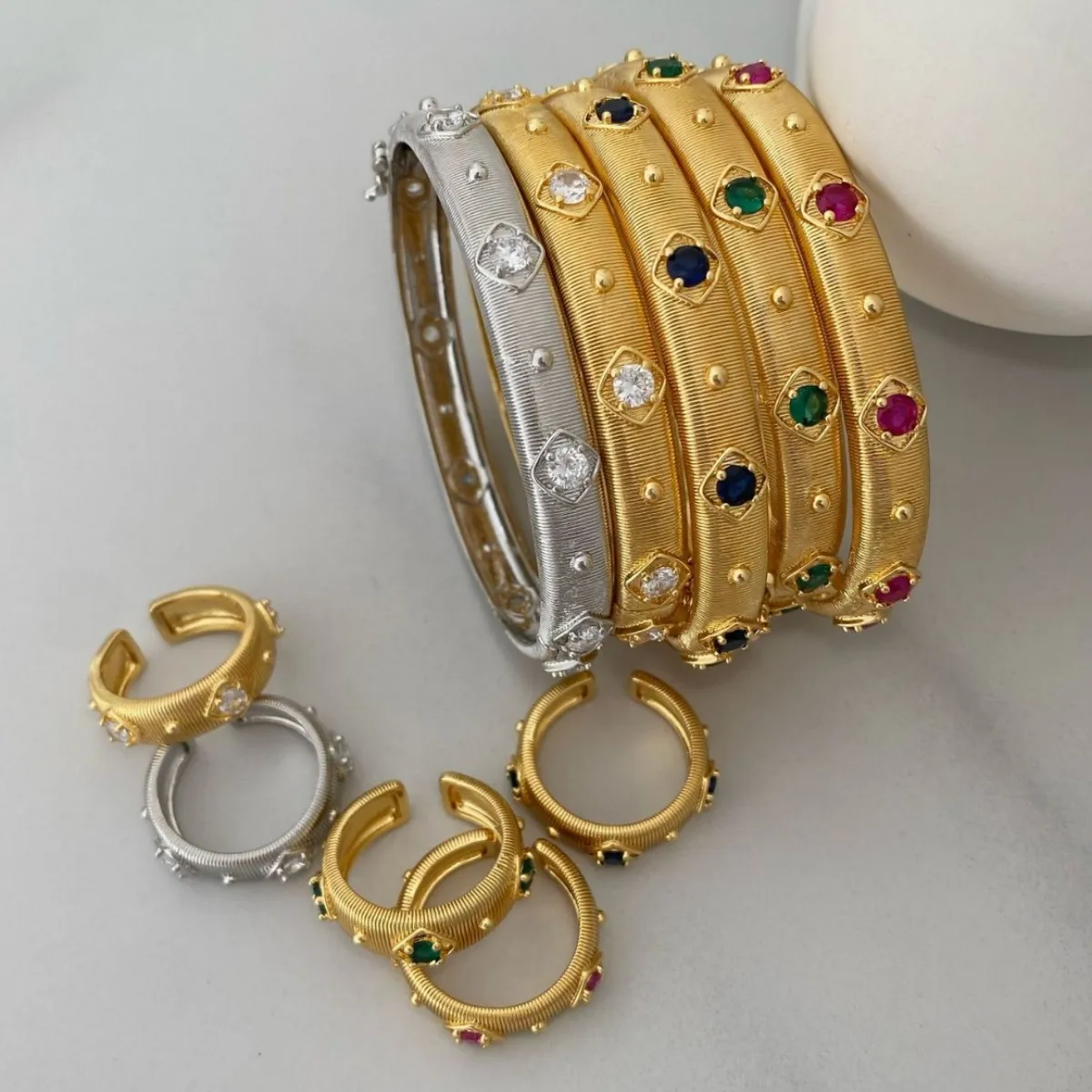 925 Silver Plated 18k Gold European And American Retro Open Bracelet Exquisite Versatile Ring Set For Women