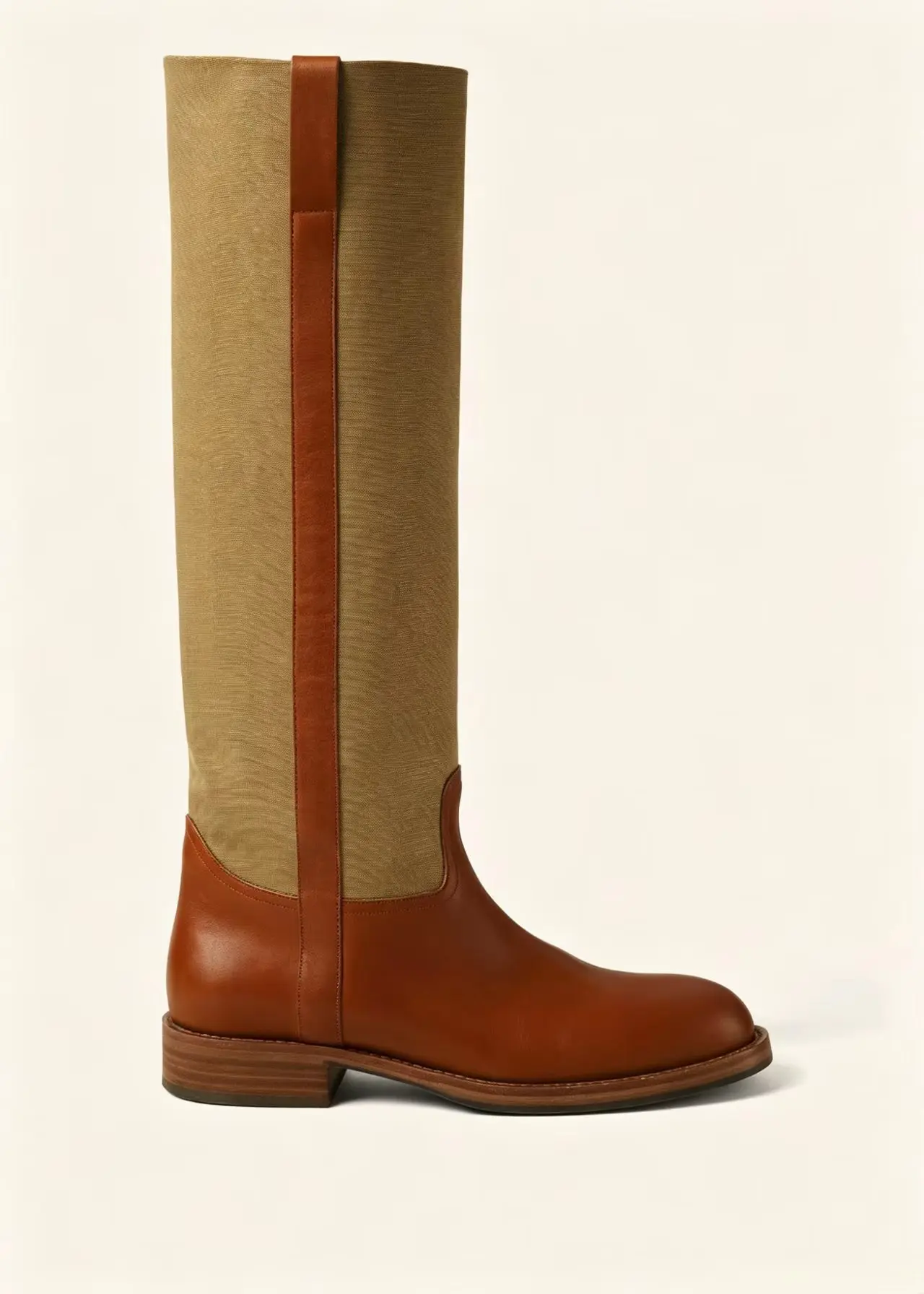 Autumn/Winter New Brown Knee High Boots Round Toe Low Heel Canvas Fabric Splicing Pull On Fashion Vintage Western Knight Boots