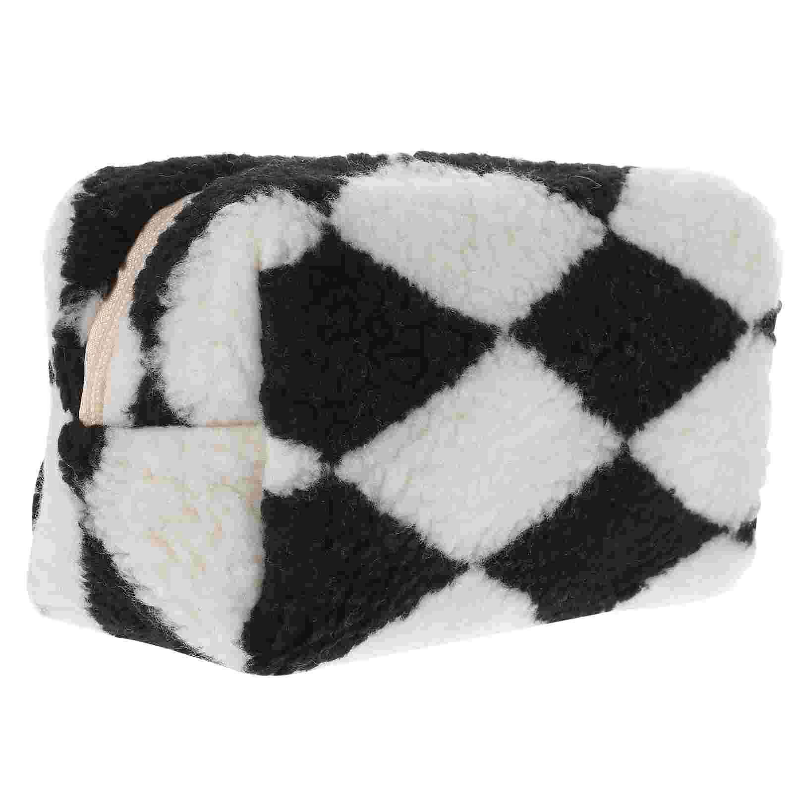 Cute Fluffy Checkered Maquiagem Bolsa para Mulheres, Plush Purse, Cosmetic Bag, Travel Toiletry Bag, Bolsa de armazenamento, Bolsas