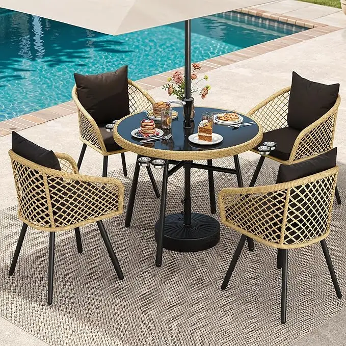 

5-piece Outdoor Dining Set With Umbralle Hole, Rattan Patio Dining Set For 4 With Cup Holders Soft Cushions And Glass