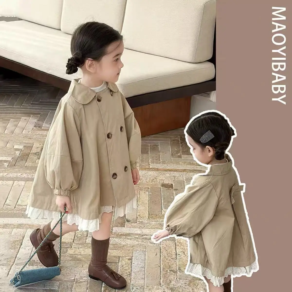 

Baby Girls' Double Breasted Medium Length Trench Coat Spring and Autumn 2026 New Children's British Style Lace Coat