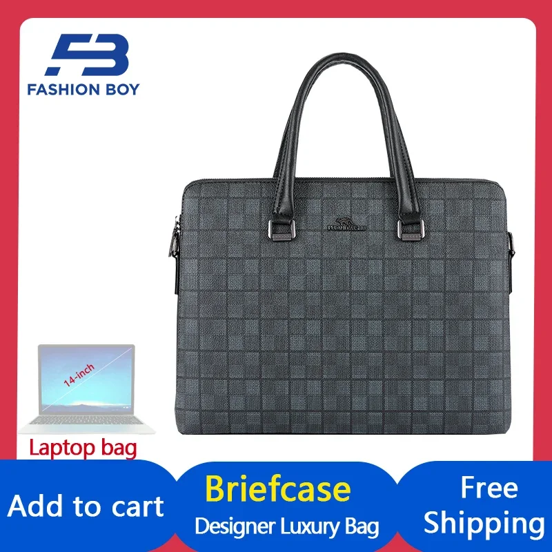 FASHION BOY Designer Men's Briefcase Leather Brand Laptop Bags 14-inch Men Handbag High Quality Briefcase Bags College BookBag